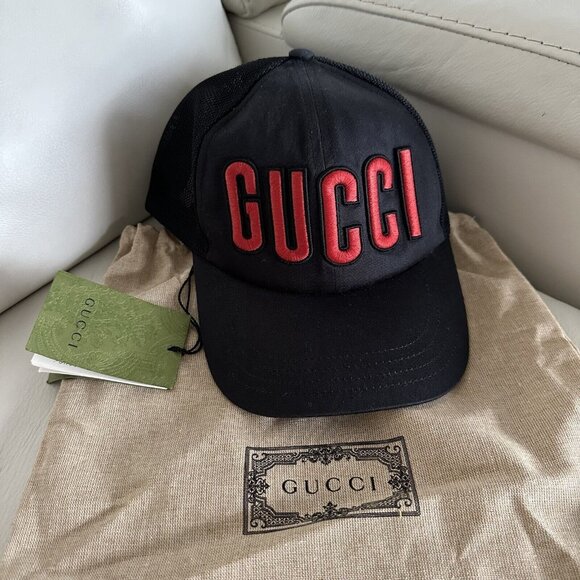 NWT GUCCI BASEBALL CAP BLACK RED SIZE XS Logo Hat Unisex - Picture 2 of 11